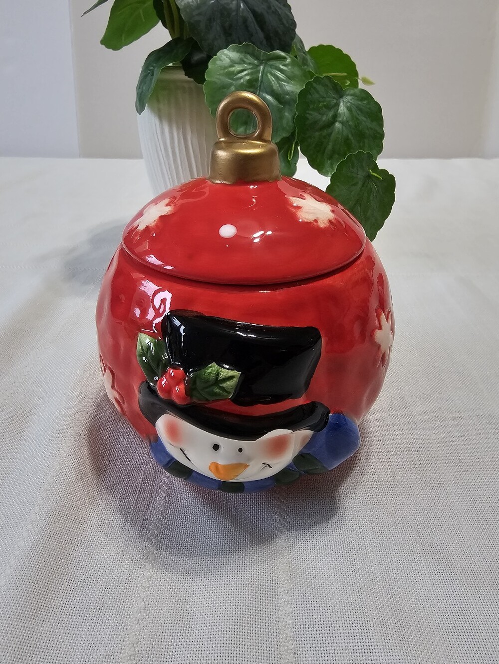 Christmas Ornament Snowman Ceramic Lidded Trinket Treat Jar Holiday Decor